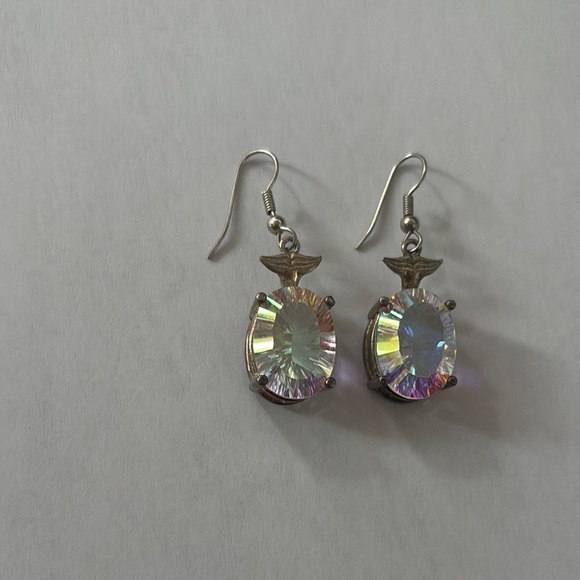 Iridescent sheer color oval shape gemstone Drop Earrings fishhook post - Picture 2 of 6